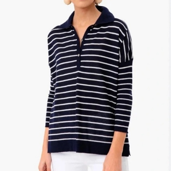 Tuckernuck Sweater Navy & White Striped Clayton 3/4 Sleeve Knit Polo Sz XS/S GUC - Picture 1 of 12